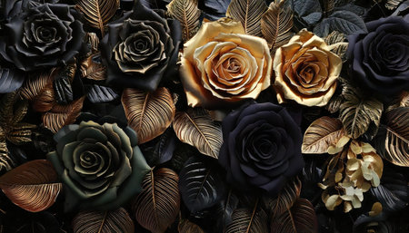 Black and gold roses background. 3d rendering, 3d illustration.の素材