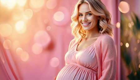 Beautiful pregnant woman in pink dress on background with bokehの素材