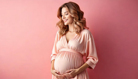 Beautiful pregnant woman on color background, closeup. Space for textの素材