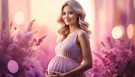 Beautiful pregnant woman in a lavender field. 3d renderingの素材