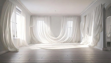 Interior of a room with white curtains. 3D rendering.の素材