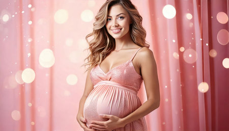Beautiful pregnant woman in pink dress on background with bokehの素材