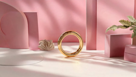 3d rendering of abstract minimal geometric forms. Glossy golden ring on pastel pink background. Fashion show stage concept.の素材