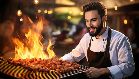 Young man cooking shish kebab on barbecue grill in restaurantの素材