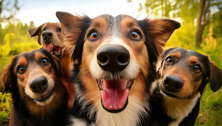 Portrait of a group of dogs on a nature background. Dog breed Border Collieの素材