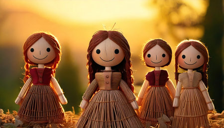 Cute wooden dolls in the garden at sunset, close-upの素材