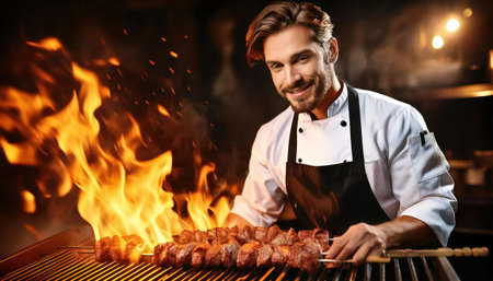 Handsome man cooking shish kebab on barbecue grill in restaurantの素材