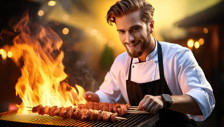 Portrait of a handsome chef cooking meat on barbecue grill in restaurantの素材