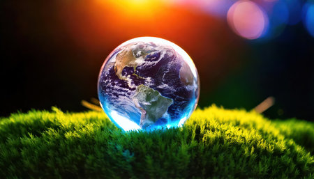 Glass globe on green moss with bokeh background. Global warming conceptの素材