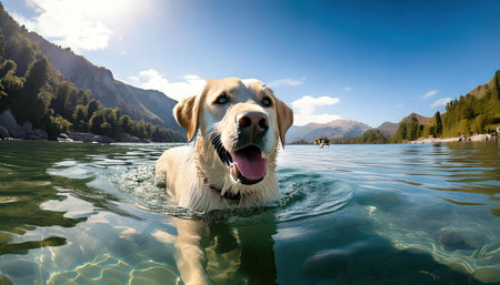Labrador retriever swimming in a mountain lake with mountains in the backgroundの素材