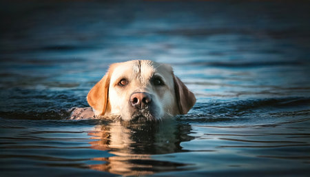 Labrador retriever swims in the water in the summer.の素材