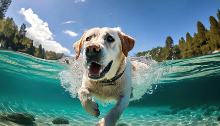 Labrador retriever swimming in the pool with splashes of waterの素材