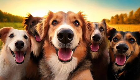 Group of happy dogs in the field at sunset. Concept of friendshipの素材