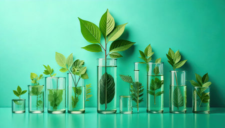 Plants in test tubes with green leaves on color background. Biotechnology conceptの素材