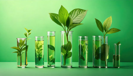 Green plants in test tubes with green liquid and green leaves on green backgroundの素材