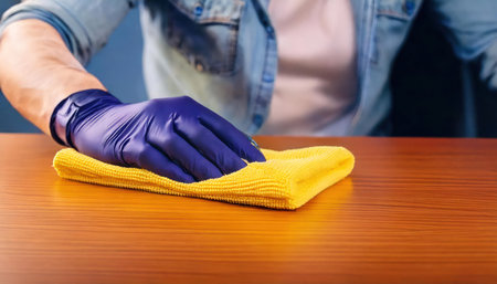 Close up of male hands in rubber gloves cleaning wooden table with ragの素材