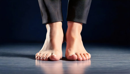 Closeup of feet of a businesswoman standing on the floor.の素材