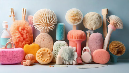 Set of bath accessories on light blue background, closeup. beauty treatmentの素材