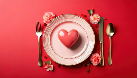 Valentine's day table setting with red heart on pink backgroundの素材
