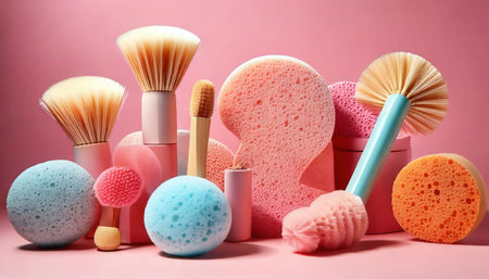 Set of bath accessories on pink background, closeup. beauty treatmentの素材