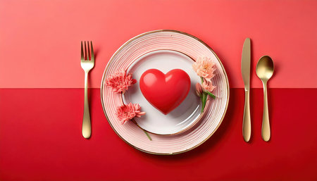 Valentine's Day table setting with red heart and flowers on red backgroundの素材