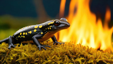 Fire salamander (Salamandra salamandra) in front of fireの素材