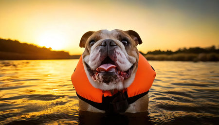 english bulldog in orange life jacket swimming in the river at sunsetの素材