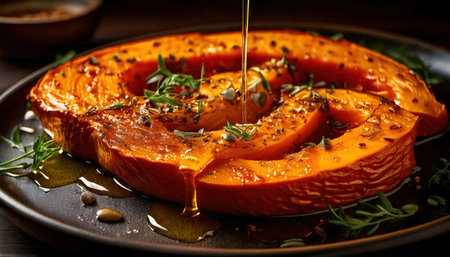 Pouring honey on roasted pumpkin with thyme and rosemary on wooden backgroundの素材