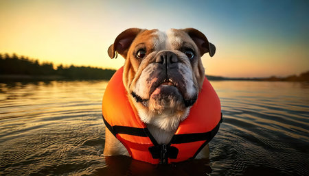 English bulldog in a life jacket swimming in the lake at sunsetの素材