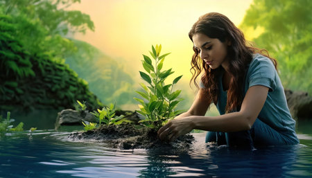 Young woman planting a tree in the water. Eco friendly concept.の素材