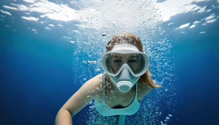 Underwater shot of a young woman with mask and snorkelの素材