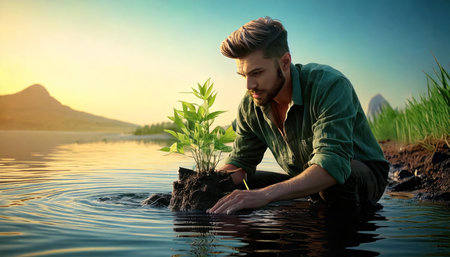 Young man planting a tree in the water at sunset. Concept of ecologyの素材