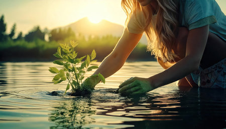 Young woman planting a tree in the water. Concept of environmental protection.の素材