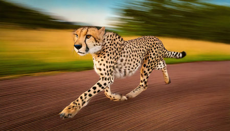 Cheetah running on the road in motion blur, 3d renderの素材