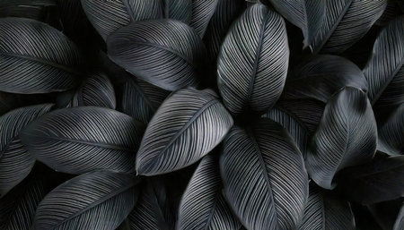 Beautiful black leaves as background, top view. floral designの素材