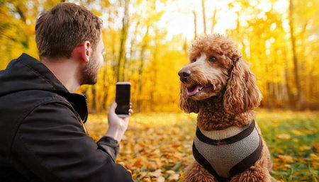A man with a dog in the autumn park. A man photographs a dog on a smartphone.の素材