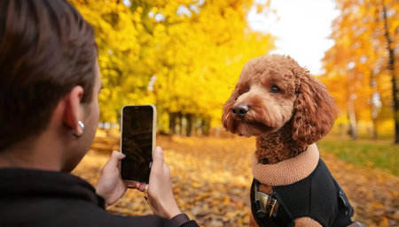 Couple taking photo of their dog in autumn park with mobile phoneの素材