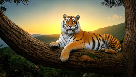 Sumatran tiger on the tree at sunset,3d renderの素材