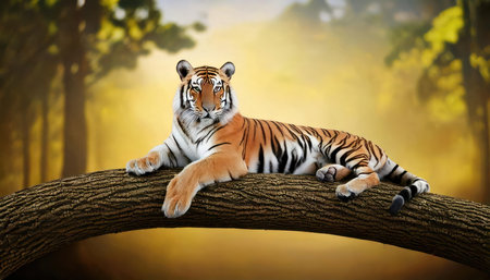 Tiger lying on the tree with colorful nature background,3d renderの素材