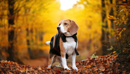 Beagle dog in the autumn forest. Beagle dog in the autumn forest.の素材