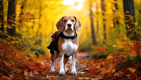 Beagle dog in the autumn forest. Beagle dog in a black coat and a red scarf.の素材