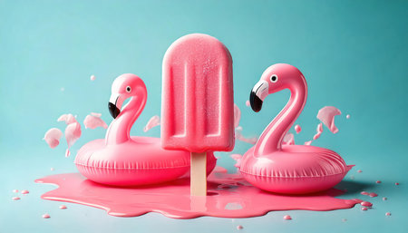 Flamingo ice cream and pink inflatable flamingo on blue backgroundの素材