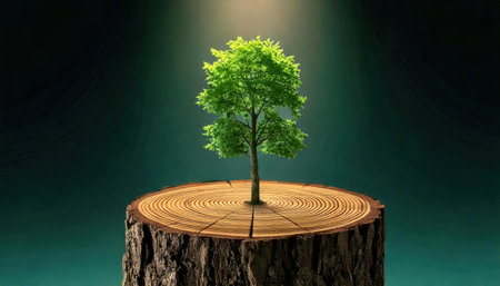 Tree on a stump in the dark, 3d render, square imageの素材
