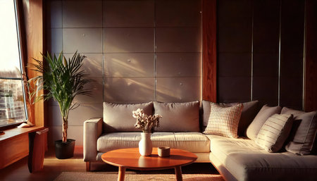 Interior of modern living room with brown sofa, coffee table and plantの素材