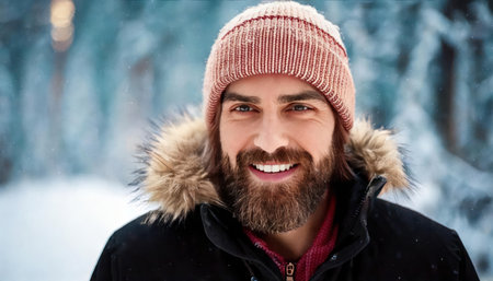 Portrait of a handsome man in a winter park. Winterfashion.の素材