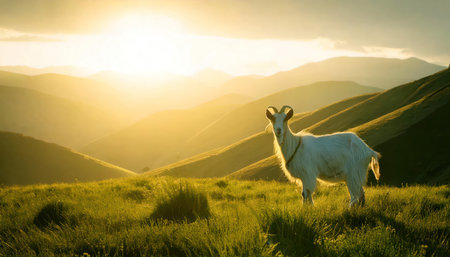 Goat on a green meadow at sunset. Beautiful mountain landscape.の素材
