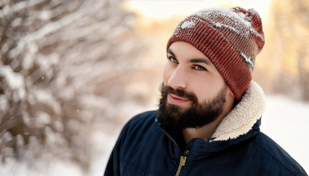Handsome young man in winter clothes outdoors. Winterfashion.の素材