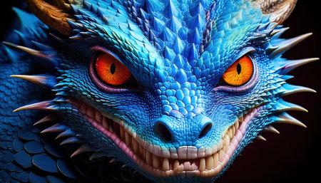 3d rendering of a fantasy dragon with orange eyes and blue skinの素材