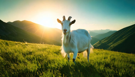 White goat grazing in the mountains at sunset. Beautiful natural landscape.の素材