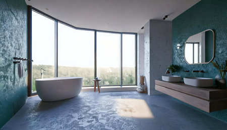Interior of modern bathroom with concrete walls, concrete floor, comfortable bathtub and panoramic window. 3d renderingの素材